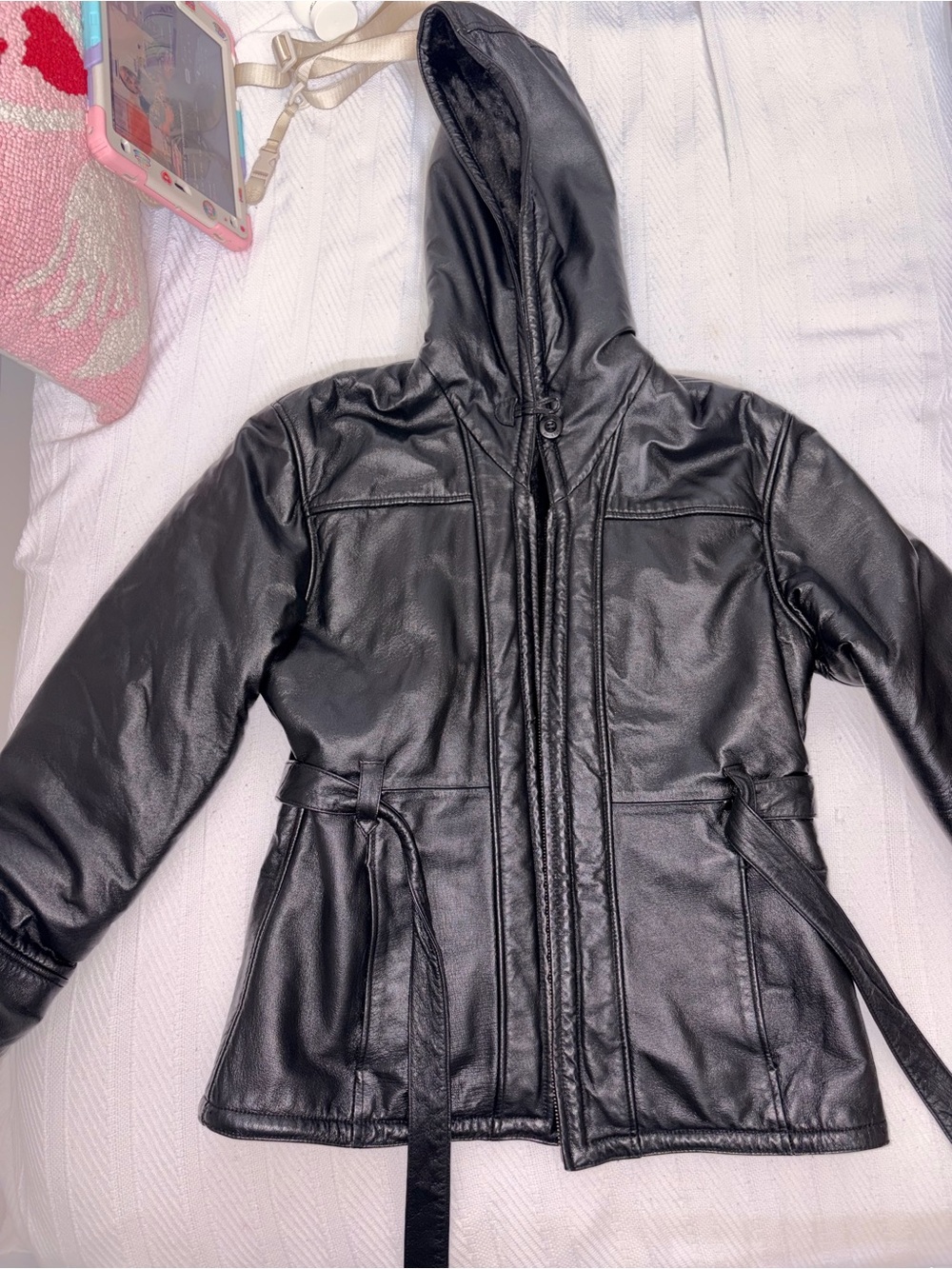 Wilsons Leather Black Hooded Waist-Tie Jacket |Medium but fits like a Large|